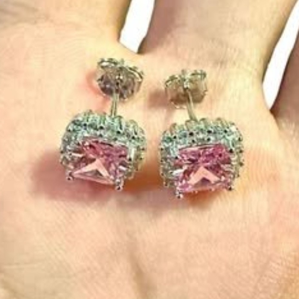 Pink Tourmaline Earrings Stud Sterling Silver 925, Cushion Cut Earrings, 9.9mm - Picture 8 of 10